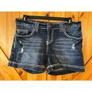 Maurices Womens Jean Shorts Dark Wash Thick Stitch Distressed Size 5/6 (5313)